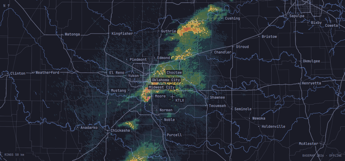 Radar reflectivity over central Oklahoma drawn as block glyphs on a thin-line map, with a supercell over Moore and a line of storms toward Guthrie and Cushing.